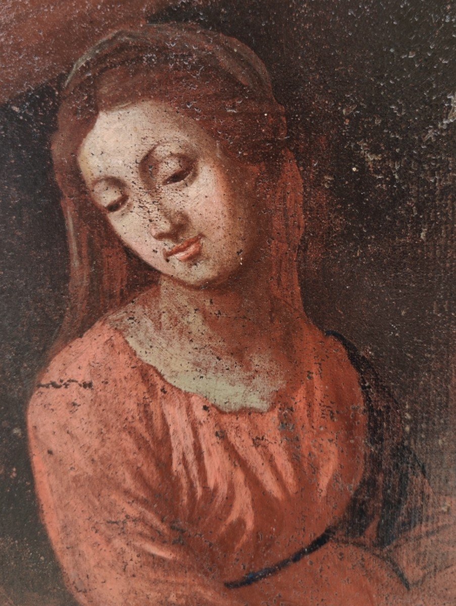 TOILE BIBLIQUE XVIIe - ITALIE & ÉCOLE BOLONAISE - VIERGE A LA BIBLE AVEC L'ENFANT JÉSUS ENDORMI-photo-2
