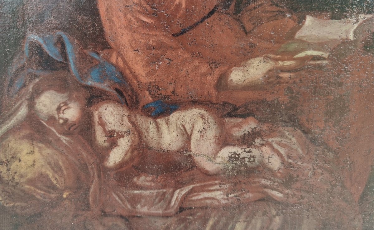 TOILE BIBLIQUE XVIIe - ITALIE & ÉCOLE BOLONAISE - VIERGE A LA BIBLE AVEC L'ENFANT JÉSUS ENDORMI-photo-3