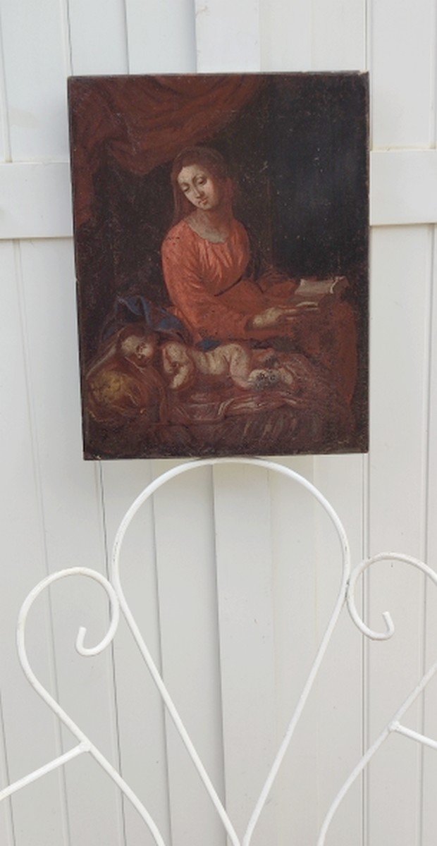TOILE BIBLIQUE XVIIe - ITALIE & ÉCOLE BOLONAISE - VIERGE A LA BIBLE AVEC L'ENFANT JÉSUS ENDORMI-photo-6