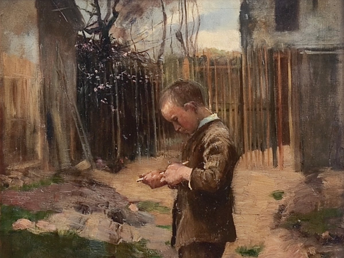 Claude Firmin 1864–1944...large Impressionist Painting...young Boy Carving A Stick-photo-1