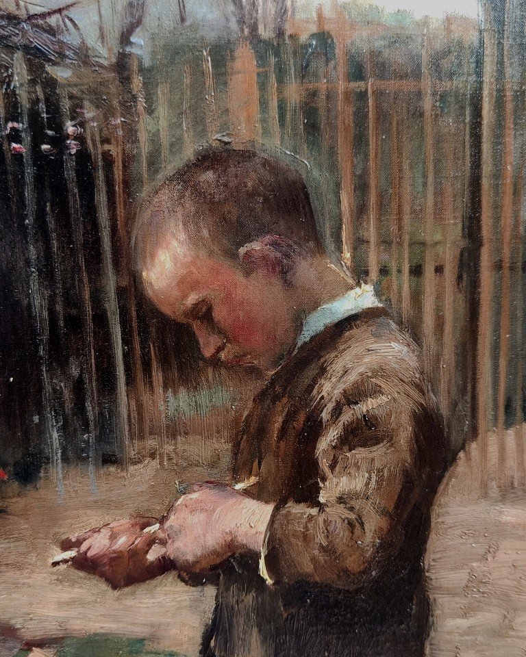 Claude Firmin 1864–1944...large Impressionist Painting...young Boy Carving A Stick-photo-2