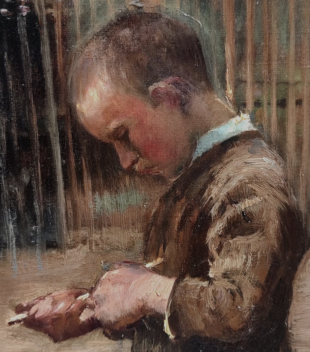 Claude Firmin 1864–1944...large Impressionist Painting...young Boy Carving A Stick-photo-3