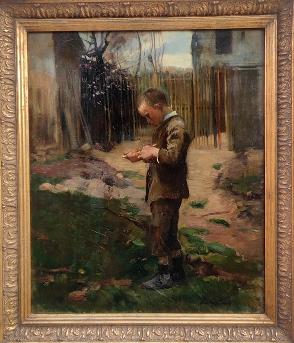 Claude Firmin 1864–1944...large Impressionist Painting...young Boy Carving A Stick-photo-5