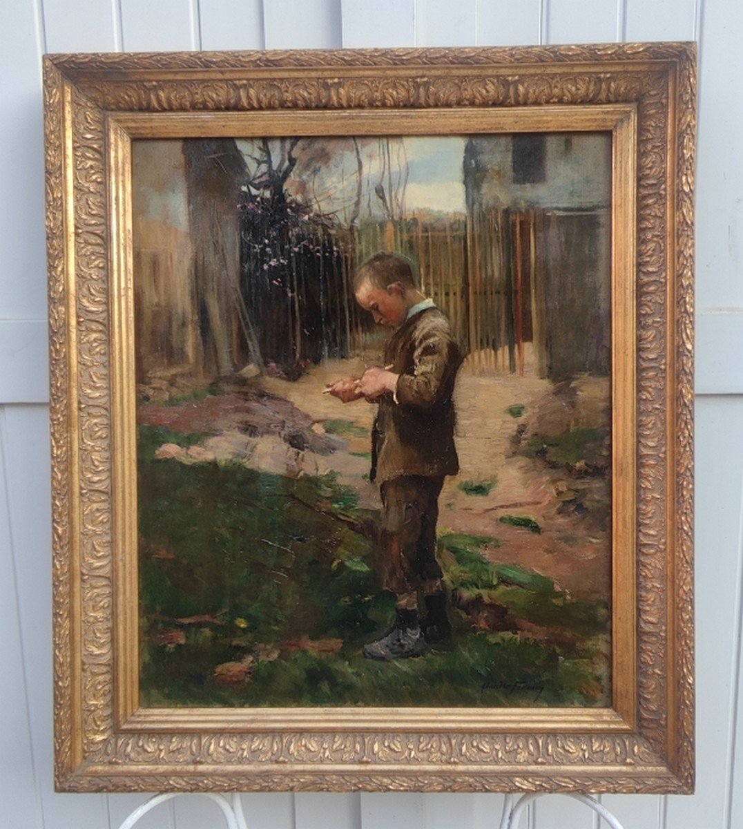 Claude Firmin 1864–1944...large Impressionist Painting...young Boy Carving A Stick-photo-6