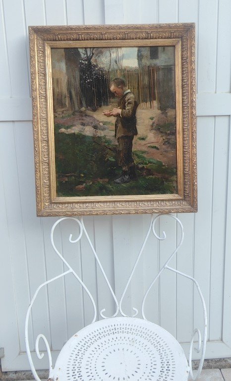 Claude Firmin 1864–1944...large Impressionist Painting...young Boy Carving A Stick-photo-7