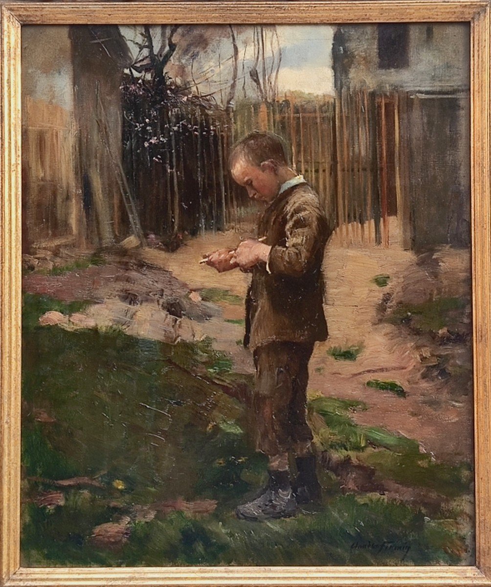 Claude Firmin 1864–1944...large Impressionist Painting...young Boy Carving A Stick