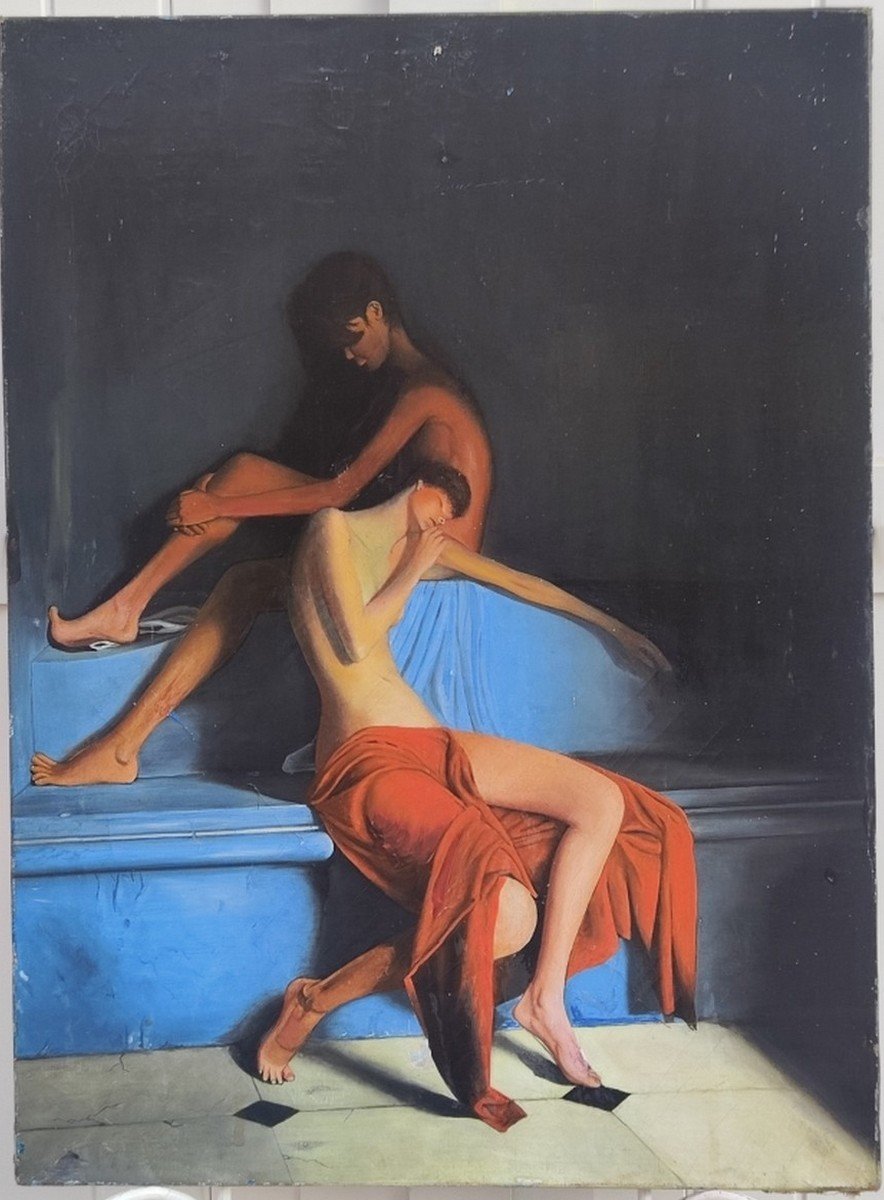 Two Naked Young Women In A Hammam...large Canvas, Circa 1960–1970-photo-4