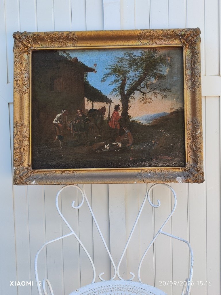 GRANDE TOILE BAMBOCHE XVIIe - HALTE DES CHASSEURS AVEC AUBERGISTE - PIETER VAN LAER & JAN MIEL-photo-3