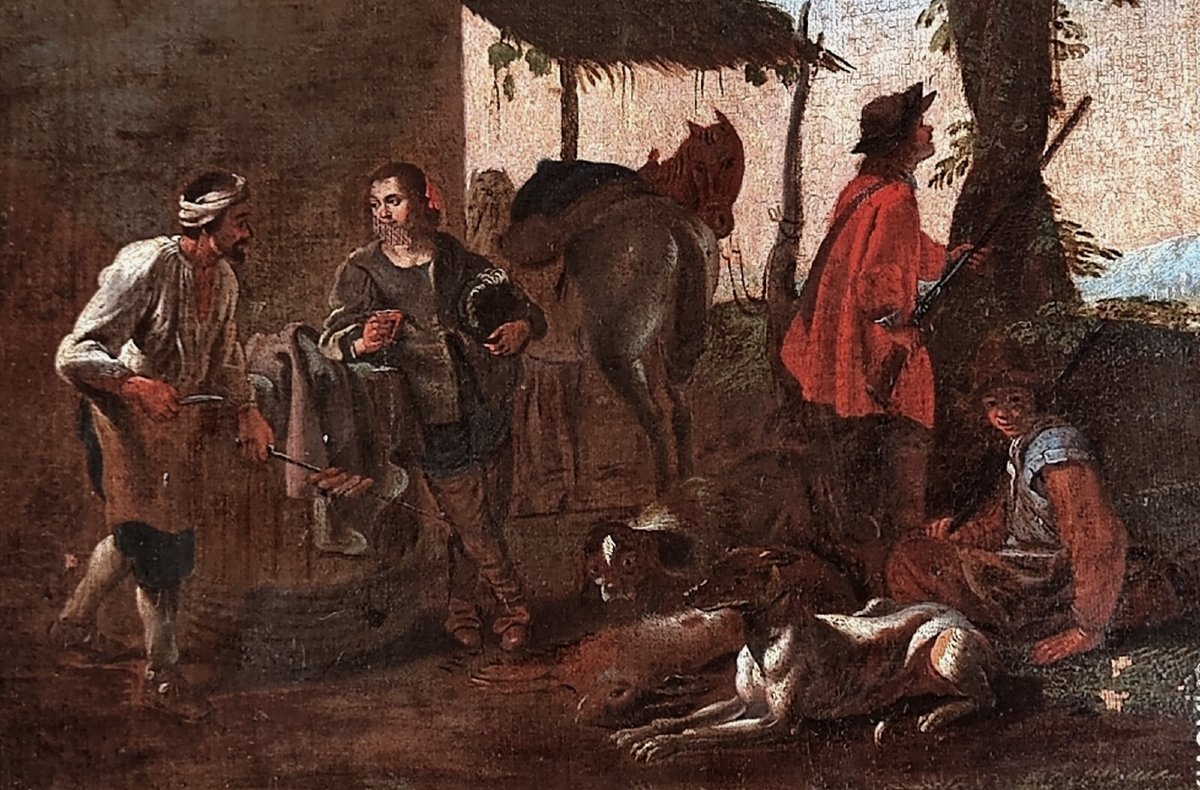 GRANDE TOILE BAMBOCHE XVIIe - HALTE DES CHASSEURS AVEC AUBERGISTE - PIETER VAN LAER & JAN MIEL-photo-4