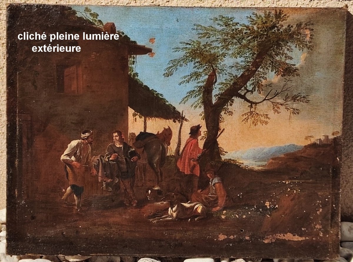 GRANDE TOILE BAMBOCHE XVIIe - HALTE DES CHASSEURS AVEC AUBERGISTE - PIETER VAN LAER & JAN MIEL-photo-1