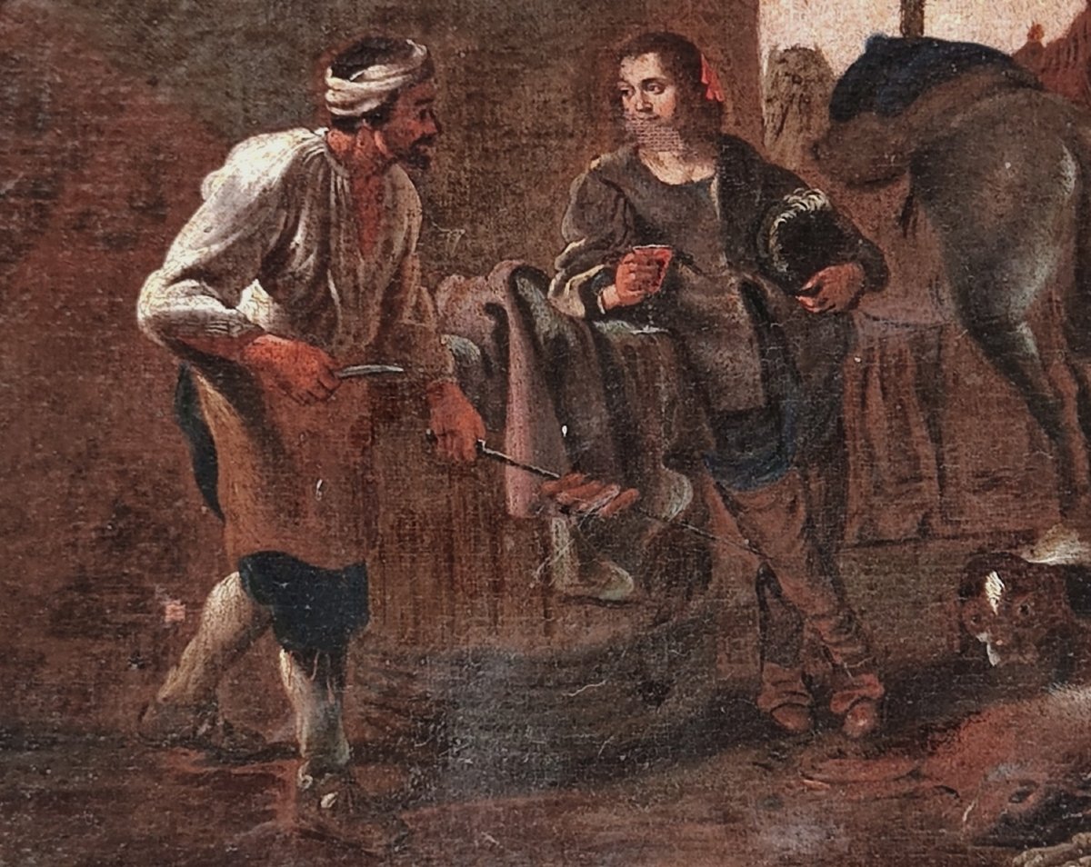 GRANDE TOILE BAMBOCHE XVIIe - HALTE DES CHASSEURS AVEC AUBERGISTE - PIETER VAN LAER & JAN MIEL-photo-2