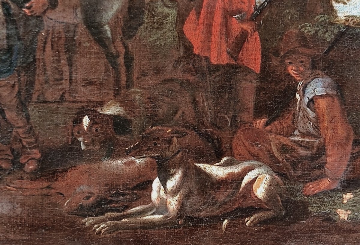 GRANDE TOILE BAMBOCHE XVIIe - HALTE DES CHASSEURS AVEC AUBERGISTE - PIETER VAN LAER & JAN MIEL-photo-3