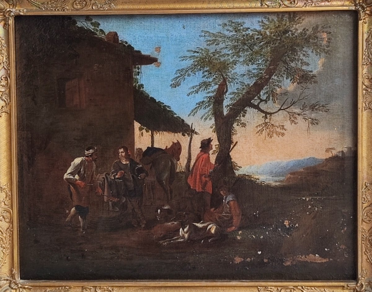 GRANDE TOILE BAMBOCHE XVIIe - HALTE DES CHASSEURS AVEC AUBERGISTE - PIETER VAN LAER & JAN MIEL-photo-6