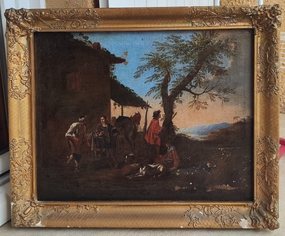 GRANDE TOILE BAMBOCHE XVIIe - HALTE DES CHASSEURS AVEC AUBERGISTE - PIETER VAN LAER & JAN MIEL-photo-7