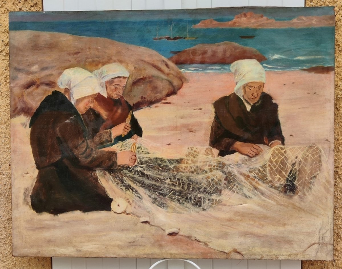 GRANDE TOILE XIXe - ÉCOLE DE PONT-AVEN - LES TROIS BRETONNES RAMENDEUSES-photo-4