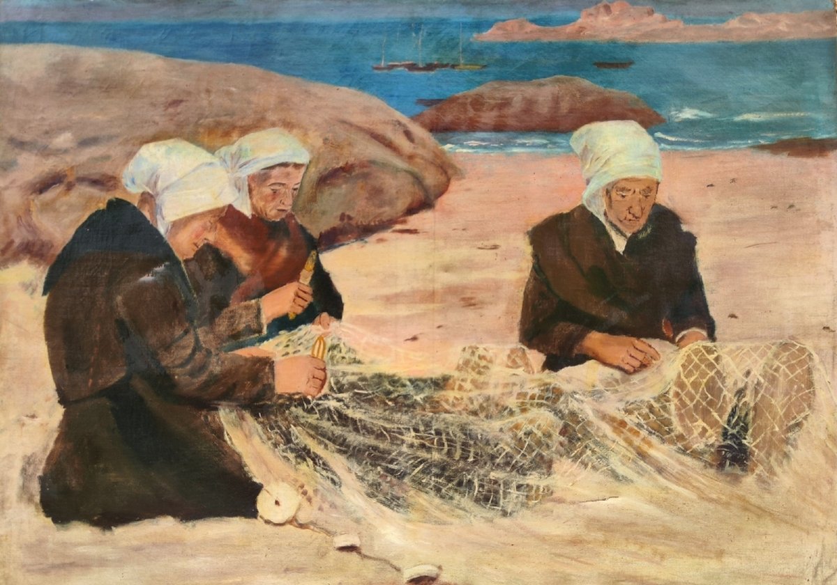 GRANDE TOILE XIXe - ÉCOLE DE PONT-AVEN - LES TROIS BRETONNES RAMENDEUSES-photo-1