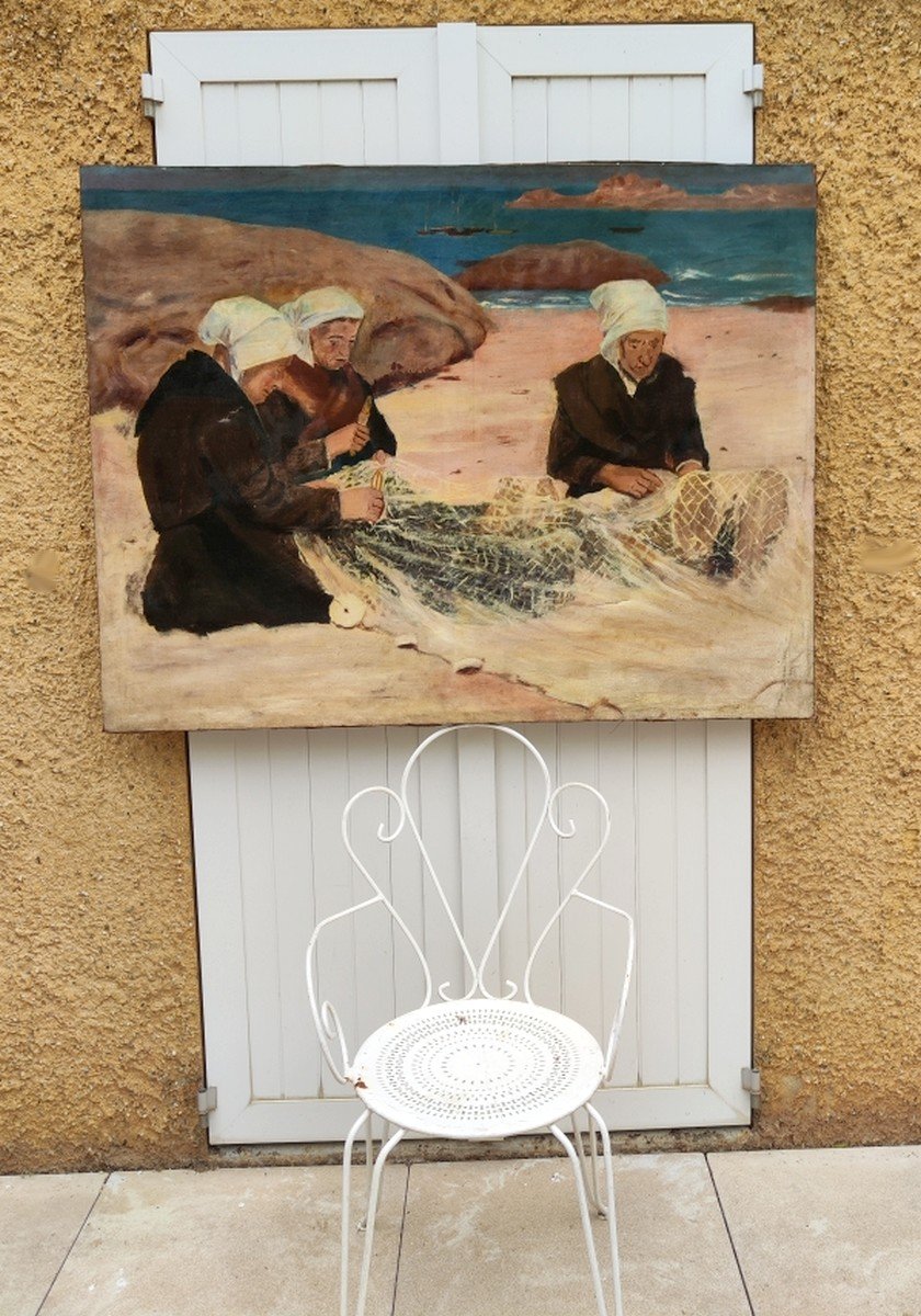 GRANDE TOILE XIXe - ÉCOLE DE PONT-AVEN - LES TROIS BRETONNES RAMENDEUSES-photo-6