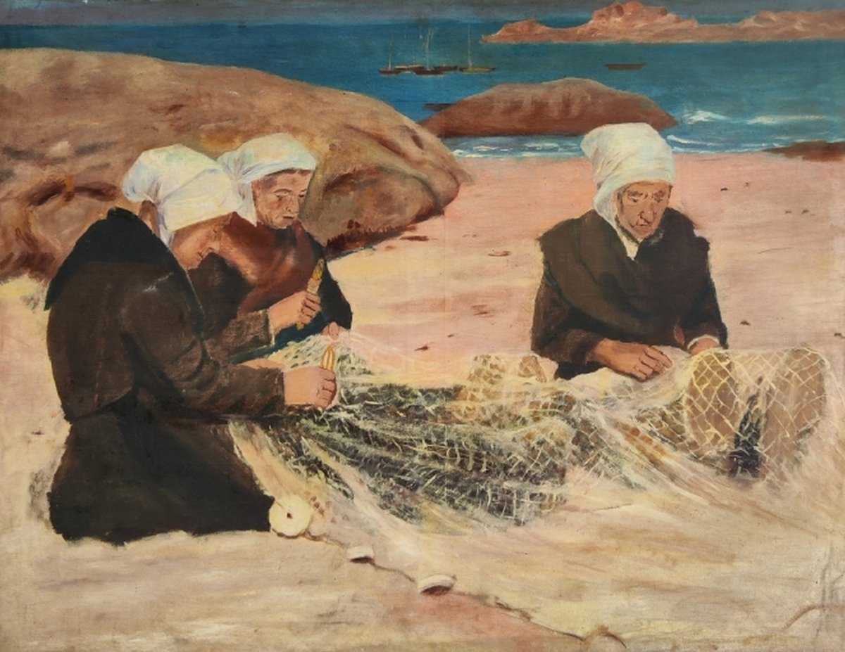 GRANDE TOILE XIXe - ÉCOLE DE PONT-AVEN - LES TROIS BRETONNES RAMENDEUSES
