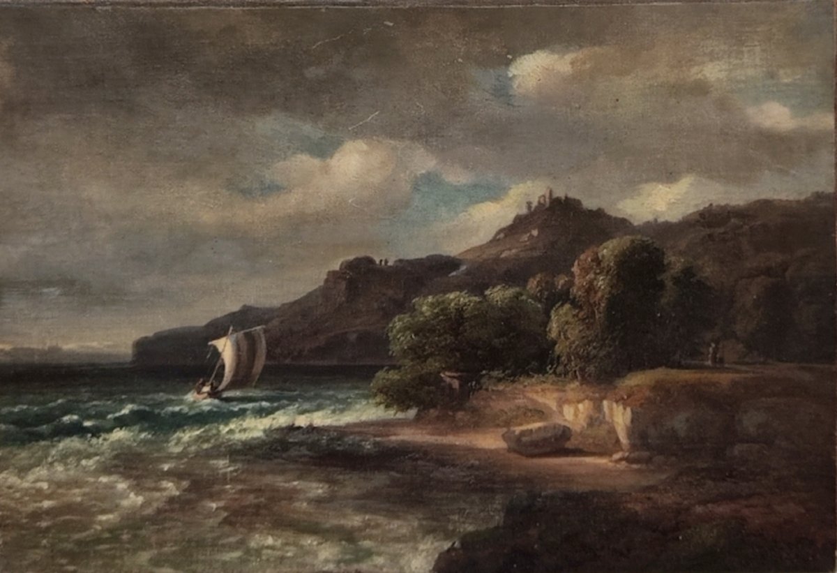 EGIDIUS FEDERLE 1810–1876...PAYSAGE ANIMÉ AU CRÉPUSCULE PRÈS D'UN LAC SUISSE