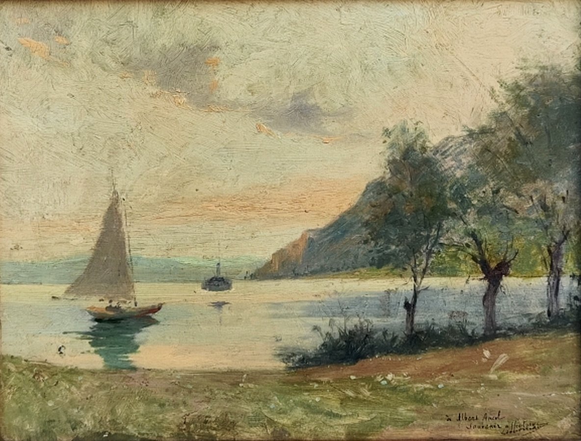 LOUIS A LETOURNEAU 1850-1909- SOLEIL LEVANT IMPRESSIONNISTE SUR LE LAC LÉMAN-photo-4