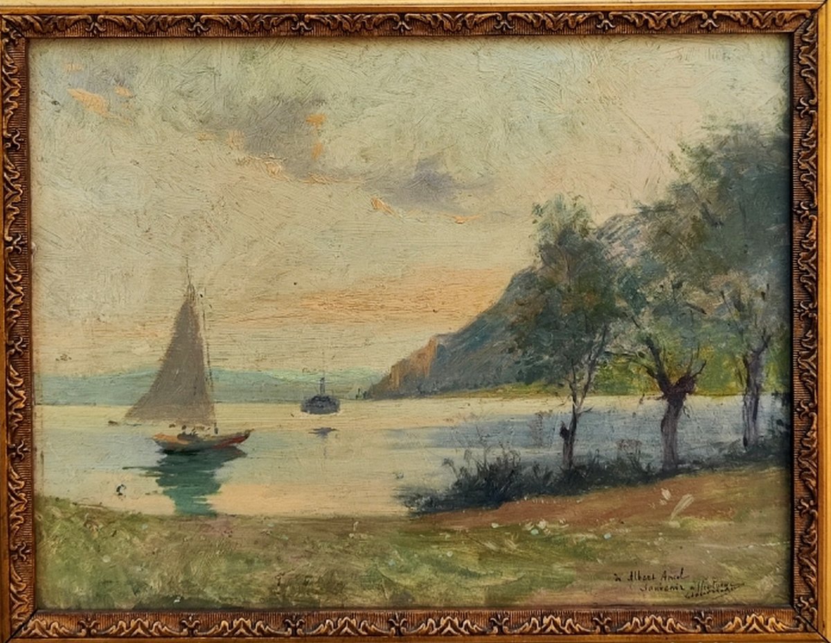 LOUIS A LETOURNEAU 1850-1909- SOLEIL LEVANT IMPRESSIONNISTE SUR LE LAC LÉMAN-photo-2