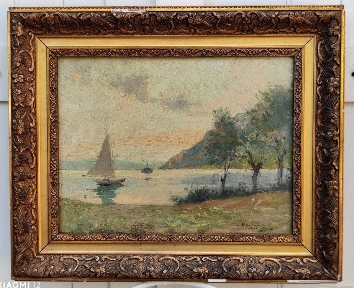 LOUIS A LETOURNEAU 1850-1909- SOLEIL LEVANT IMPRESSIONNISTE SUR LE LAC LÉMAN-photo-3