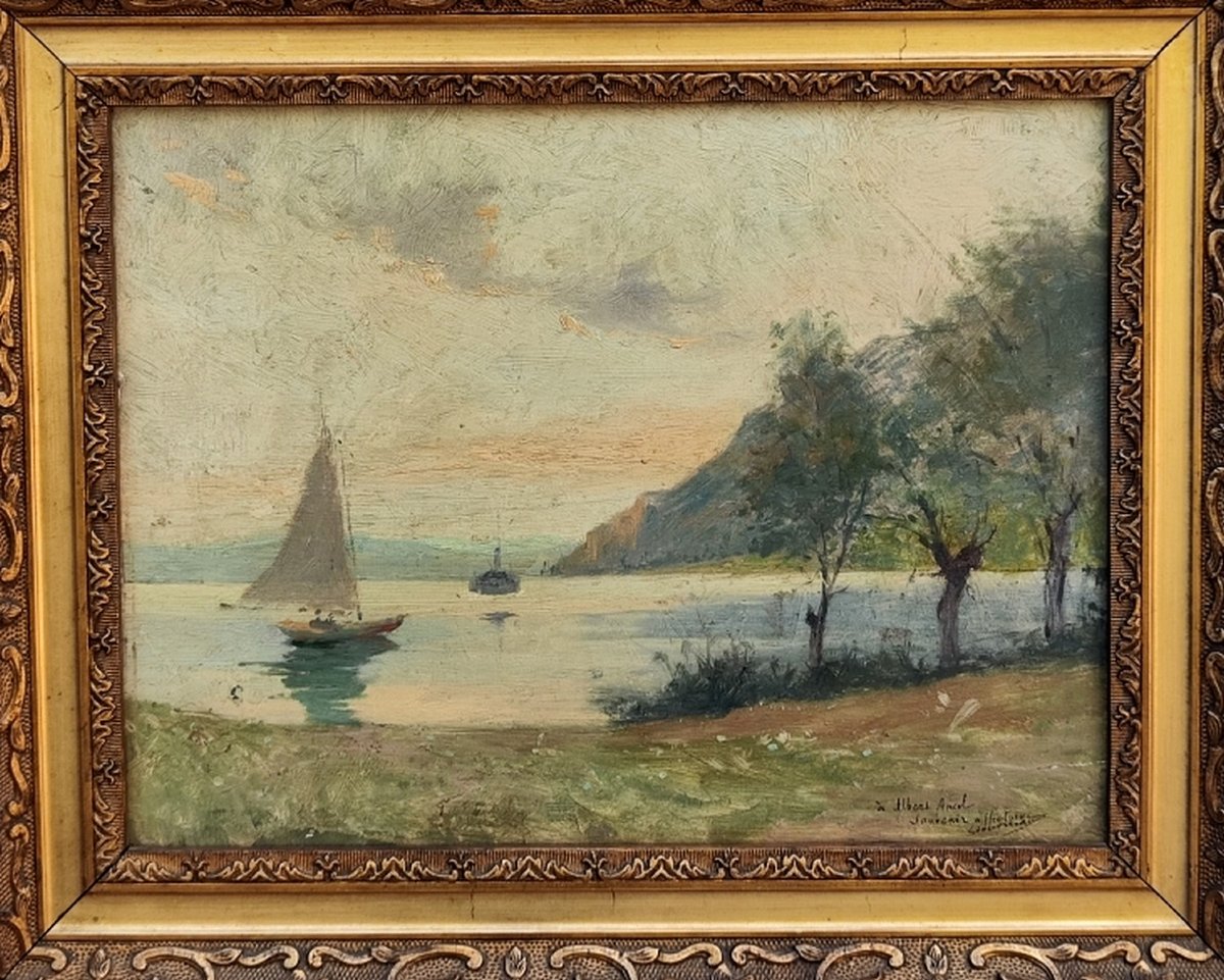 LOUIS A LETOURNEAU 1850-1909- SOLEIL LEVANT IMPRESSIONNISTE SUR LE LAC LÉMAN