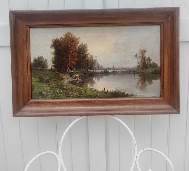 TABLEAU BARBIZON XIXe -PAYSAGE AUX LAVANDIÈRES & PÊCHEURS - PROCHE DAUBIGNY & COROT-photo-2