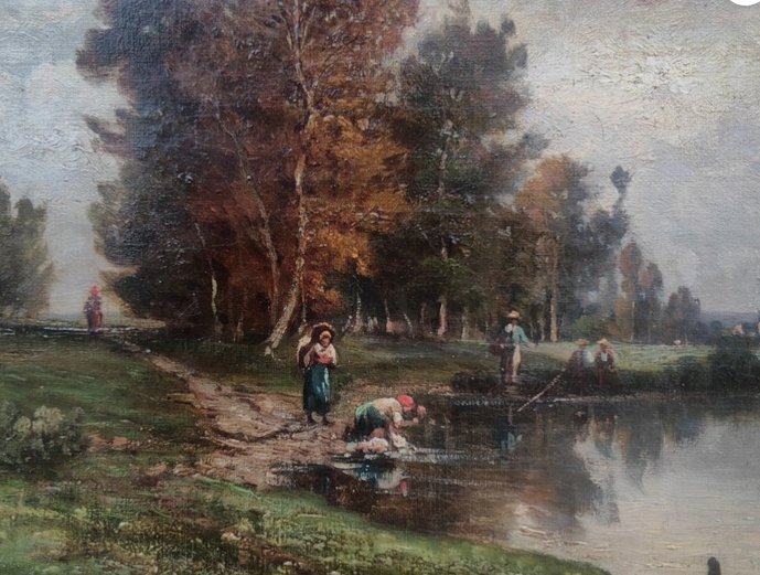TABLEAU BARBIZON XIXe -PAYSAGE AUX LAVANDIÈRES & PÊCHEURS - PROCHE DAUBIGNY & COROT-photo-4