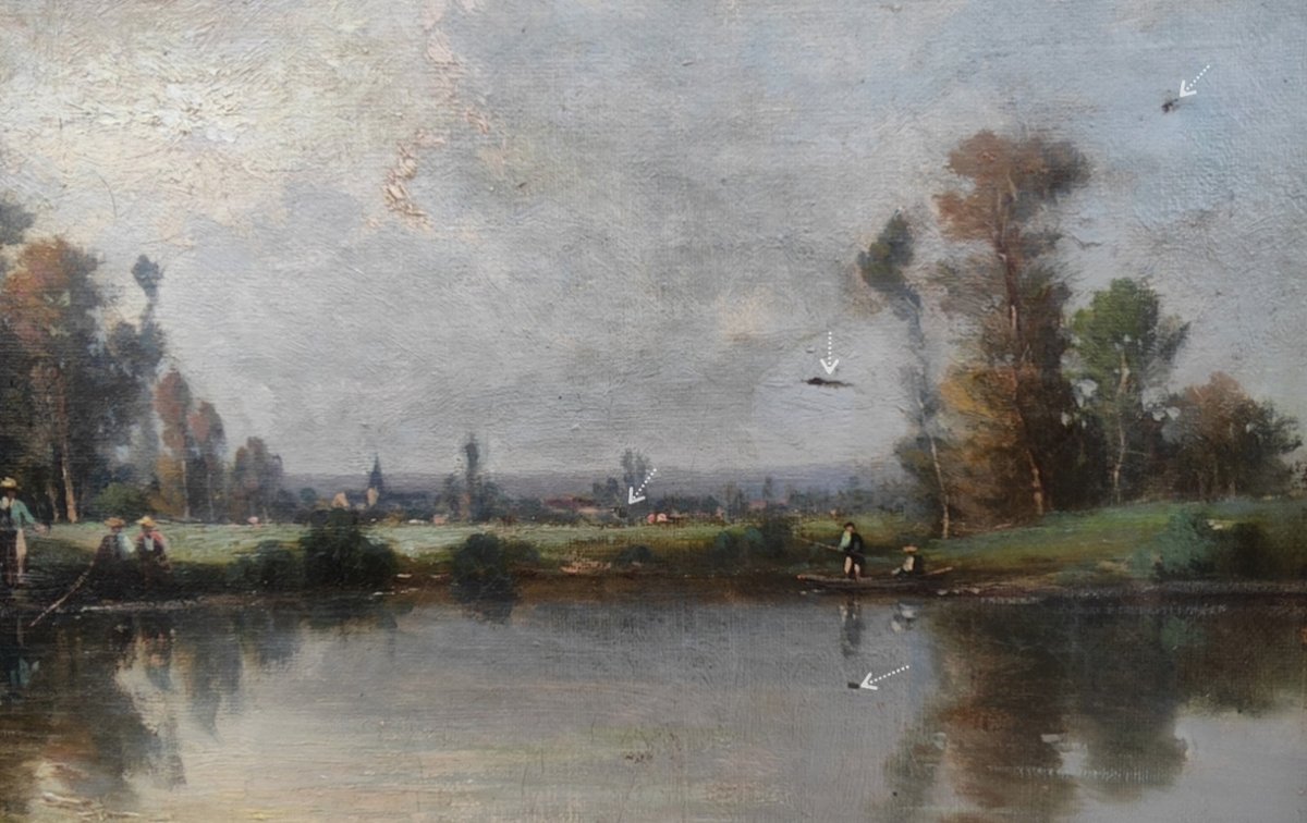 TABLEAU BARBIZON XIXe -PAYSAGE AUX LAVANDIÈRES & PÊCHEURS - PROCHE DAUBIGNY & COROT-photo-1
