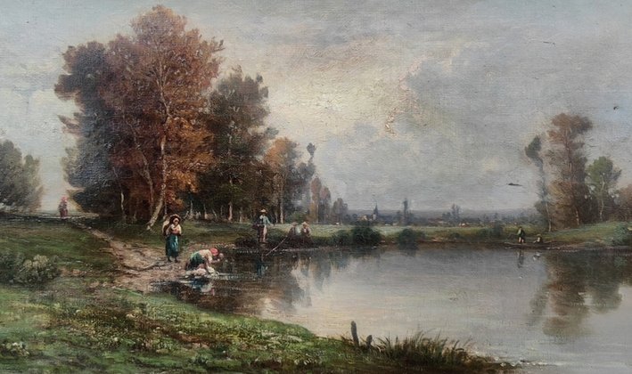 TABLEAU BARBIZON XIXe -PAYSAGE AUX LAVANDIÈRES & PÊCHEURS - PROCHE DAUBIGNY & COROT-photo-2