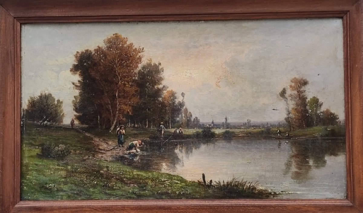 TABLEAU BARBIZON XIXe -PAYSAGE AUX LAVANDIÈRES & PÊCHEURS - PROCHE DAUBIGNY & COROT-photo-5