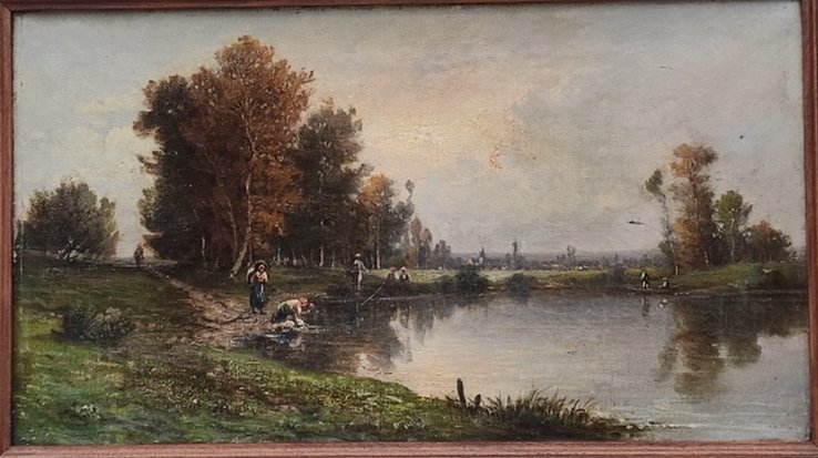 TABLEAU BARBIZON XIXe -PAYSAGE AUX LAVANDIÈRES & PÊCHEURS - PROCHE DAUBIGNY & COROT