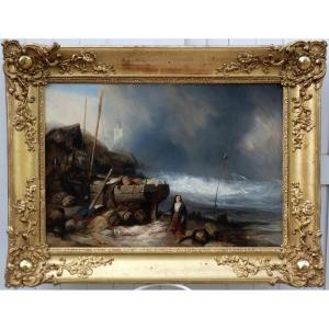 JOSEPH JAN NUYEN 1813-1839...GRAND & BEAU PAYSAGE DE BORD DE MER AVEC NAUFRAGÉS