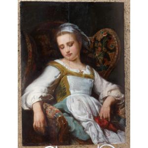 Jacques émile Lafon 1817-1886 - Large & Magnificent Painting 1880 - The Sleeping Knitter