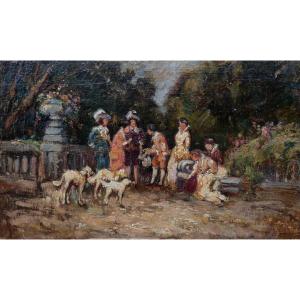 BELLE PEINTURE XIXe...SCÈNE GALANTE AVEC PERSONNAGES MONDAINS DANS UN PARC