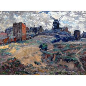 Chenard-huché 1864-1937 - Large Impressionist Canvas - View Of Montmartre & Moulin De La Galett