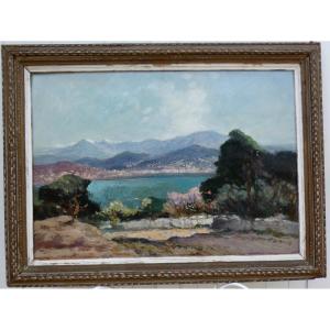 FERNAND MAILLAUD 1862-1948 - GRAND TABLEAU IMPRESSIONNISTE- ANTIBES & LA BAIE DES ANGES