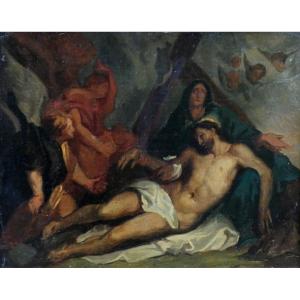 TOILE BIBLIQUE XIXe - PIÉTA  OU  LA MORT DU CHRIST - D'EUGÈNE DELACROIX & ANTOINE VAN DYCK