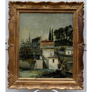 INTÉRESSANTE PEINTURE " CUBISANTE " 1930 - PAYSAGE MÉDITERRANÉEN EN ITALIE - M. REGIANNI ?