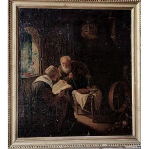 GÉRARD DOU 1613-1675 - GRANDE PEINTURE A RESTAURER - LA LECTURE DE LA BIBLE - SIGNÉE ?