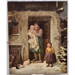 FRIEDRICH BISCHOFF 1819-1873 ? -  GRANDE TOILE DE L’ÉCOLE ALLEMANDE -  CHARMANTE SCÈNE DE NEIGE