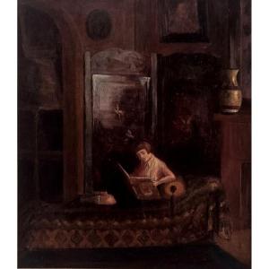 GRAND TABLEAU DE LA PÉRIODE ART-DÉCO 1930 - INTÉRIEUR BOURGEOIS AVEC JEUNE FILLE A SA LECTURE