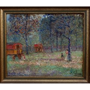 ÉDOUARD FEBVRE 1885-1967 - GRANDE TOILE POSTIMPRESSIONNISTE - LES ROULOTTES AU PRINTEMPS  