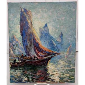 PIERRE FOREST 1881-1971 - GRAND IMPRESSIONNISTE  - VOILIERS EN MÉDITERRANÉE AU SOLEIL COUCHANT