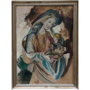 HANS BAUMHAUER 1913-2001 - BELLE GOUACHE - MAITRE VERRIER NATIF DE MUNICH - MADONE A L'ENFANT 