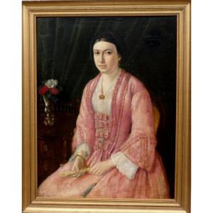 Large 19th Century Portrait - Young Woman In Pink Dress, Holding A Fan - A Touch Of "mona Lisa"