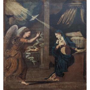 GRANDE TOILE BIBLIQUE XVIIe - L'ANNONCIATION AVEC L'ANGE GABRIEL & LA VIERGE MARIE