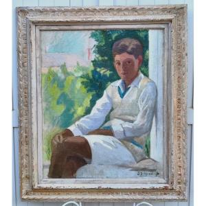 GRANDE TOILE 1920 -1930...PORTRAIT D'UN ENFANT ÉLÉGAMMENT HABILLÉ-  SIGNATURE ? 