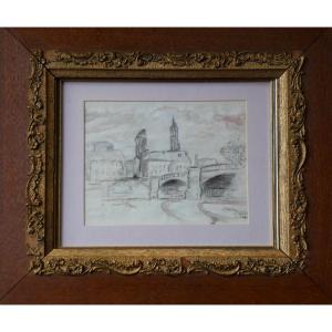 MAXIMILIEN LUCE 1858-1941--ÉTUDE A L’AQUARELLE--PAYSAGE URBAIN AVEC FLEUVE TRAVERSÉ PAR UN PONT